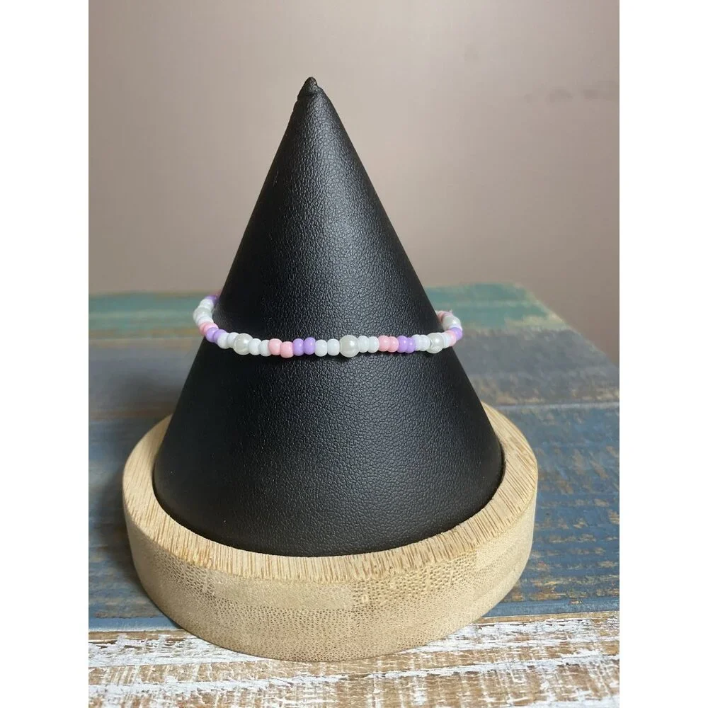 2 Handmade Pink & White Beaded Bracelet Set For Girls